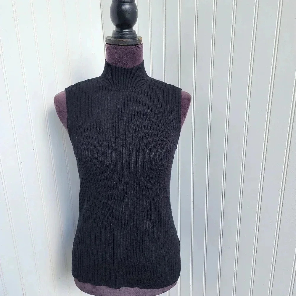 Madison Grey Black Stretch Ribbed Sleeveless Mock Neck Shirt Size M Rayon